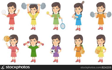 Little caucasian girl set. Girl holding volleyball and basketball ball, tennis racket, baseball bat, lifting a heavy barbell. Set of vector sketch cartoon illustrations isolated on white background.. Little caucasian girl vector illustrations set.