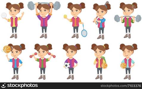 Little caucasian girl set. Girl holding volleyball and football ball, tennis racket, baseball bat, lifting a heavy barbell. Set of vector sketch cartoon illustrations isolated on white background.. Little caucasian girl vector illustrations set.