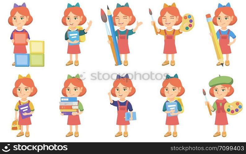 Little caucasian girl set. Girl in playing with building cubes, holding palette with watercolors, brush, pointing forefinger up. Set of vector sketch cartoon illustrations isolated on white background. Little caucasian girl vector illustrations set.
