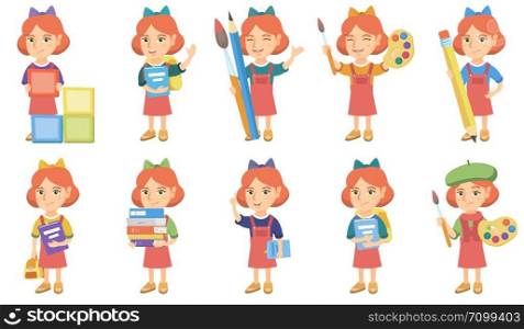 Little caucasian girl set. Girl in playing with building cubes, holding palette with watercolors, brush, pointing forefinger up. Set of vector sketch cartoon illustrations isolated on white background. Little caucasian girl vector illustrations set.