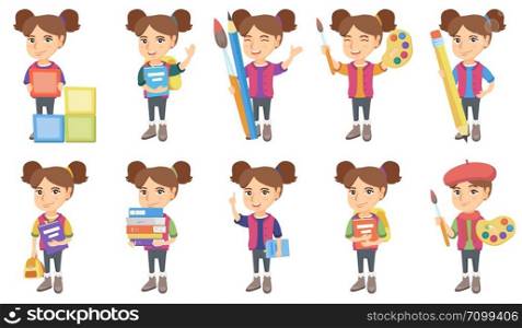 Little caucasian girl set. Girl in playing with building cubes, holding pencil, palette, paintbrush, pile of textbooks, waving. Set of vector sketch cartoon illustrations isolated on white background.. Little caucasian girl vector illustrations set.