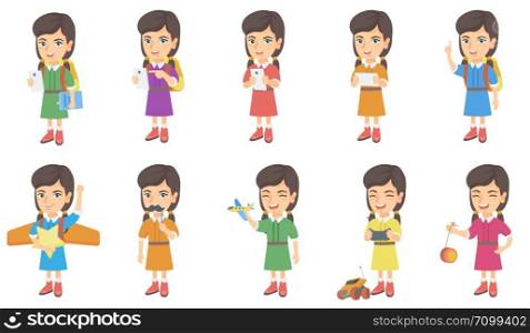 Little caucasian girl set. Girl using a smartphone, pointing finger up, playing with toy airplane, radio-controlled car, yo-yo. Set of vector sketch cartoon illustrations isolated on white background.. Little caucasian girl vector illustrations set.