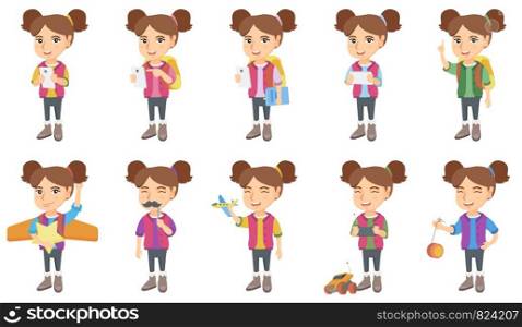 Little caucasian girl set. Girl wearing hat bowler and holding fake moustache, using a smartphone, playing with toy airplane. Set of vector sketch cartoon illustrations isolated on white background.. Little caucasian girl vector illustrations set.