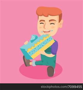 Little caucasian happy boy sitting on the floor and eating a piece of frosted cake. Smiling cheerful boy with dirty face enjoying a cake. Vector cartoon illustration. Square layout.. Little caucasian happy boy eating a piece of cake.