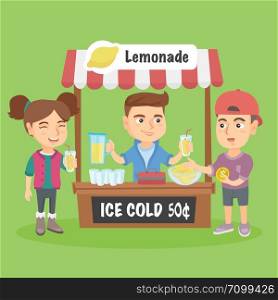 Little caucasian kid standing behind the stand and selling lemonade. Successful entrepreneur kid running his private business of selling lemonade. Vector cartoon illustration. Square layout.. Little caucasian kid selling lemonade.