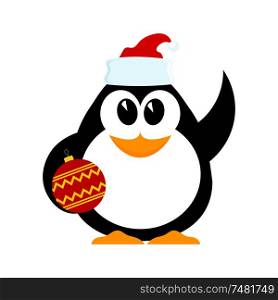 Little cheerful penguin with Christmas ball in hat of Santa Claus with a raised hand. Cartoon style. Vector illustration of a little baby penguin.