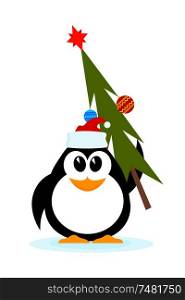 Little cheerful penguin with Christmas tree in hat of Santa Claus. Cartoon style. Vector illustration of a little baby penguin.