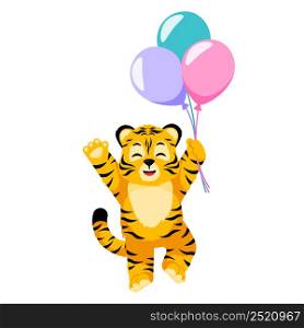 Little chef Tiger with balloons isolated. Cute character cartoon striped tiger party of birthday. Vector design for print, children decor, book illustration. Funny animals sticker for showing emotion.. Little chef Tiger with balloons isolated. Cute character cartoon striped tiger party of birthday.