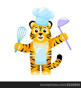 Little chef Tiger with whisk and ladle isolated. Cute character cartoon striped tiger cook cap. Vector design for print, children decor, book illustration. Funny animals sticker for showing emotion.. Little chef Tiger with whisk and ladle isolated. Cute character cartoon striped tiger cook cap.