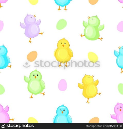 Little chicks cartoon seamless pattern. Funny colorful chickens in different poses. Vector illustration isolated on white background.