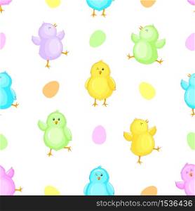 Little chicks cartoon seamless pattern. Funny colorful chickens in different poses. Vector illustration isolated on white background.