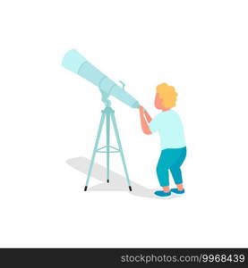 Little child flat color vector faceless character. Kids using telescope to explore different planets in space. Finding new things isolated cartoon illustration for web graphic design and animation. Little child flat color vector faceless character