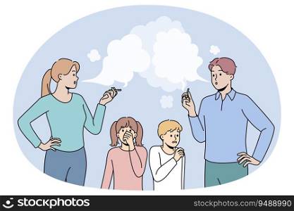 Little children suffer from smoking parents. Kids passive smokers because mother and father with bad habit. Health harm and effect. Vector illustration.. Children suffer from parents smoking