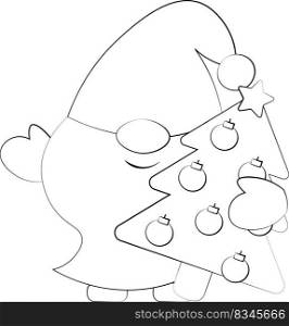 Little christmas Gnome with christmas tree. Draw illustration in black and white