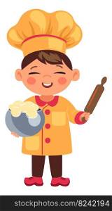 Little cook with prolling pin and dough. Cartoon kid chef isolated on white background. Little cook with prolling pin and dough. Cartoon kid chef