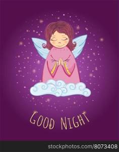 Little Cute Angel in a Cloud. Good Night Card. Vector Illustration