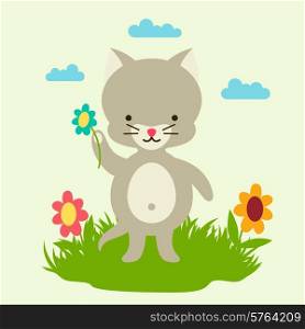 Little cute baby cat picking flowers.