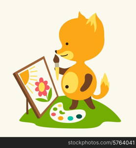 Little cute baby fox draws picture.