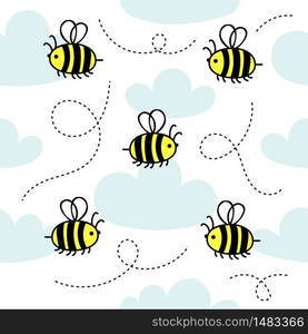 Little cute bees fly in the clouds.Kids seamless pattern.Manual vector doodle illustration.