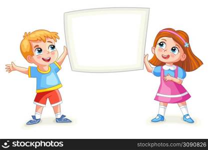 Little cute cartoon happy boy and girl holding an empty board. Children are brought up by posters. Ready for your message. Space for text. Funny cartoon character. Isolated on a white background.. cartoon girl and boy with empty banner
