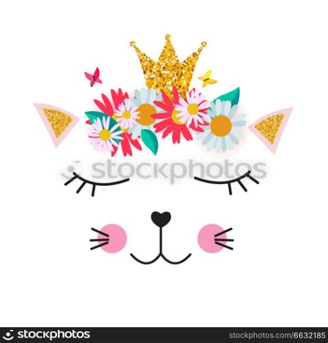 Little cute cat princess with crown and flowers for card and shirt design. Vector Illustration EPS10. Little cute cat princess with crown and flowers for card and shirt design. Vector Illustration