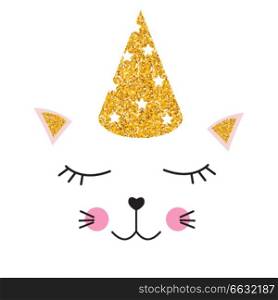 Little cute cat with party festive cap for card and shirt design. Vector Illustration EPS10. Little cute cat with party festive cap for card and shirt design. Vector Illustration