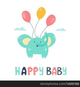 Little cute elephant flying with balloons. Vector illustration for baby shower cards, invitations, kids prints. Little cute elephant flying with balloons. Vector illustration