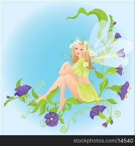 Little cute forest fairy sitting on beautiful wild flowers