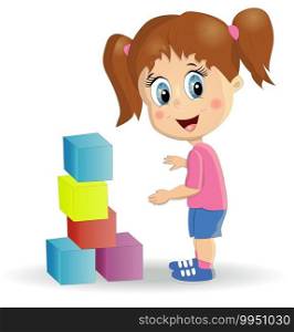 Little cute girl, cartoon style, illustration of a happy child. Kids play using kit with bright colored cubes.. Multiracial children build tower with blocks. Kids play using kit with bright colored cubes.