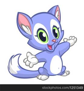 Little cute kitten pointing his hand. Blue fluffy cat sitting. The concept of children&rsquo;s and educational books. Vector Illustration.