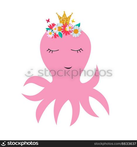 Little cute octopus princess with crown and flowers for card and shirt design. Vector Illustration EPS10. Little cute octopus princess with crown and flowers for card and shirt design. Vector Illustration