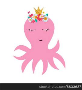 Little cute octopus princess with crown and flowers for card and shirt design. Vector Illustration EPS10. Little cute octopus princess with crown and flowers for card and shirt design. Vector Illustration