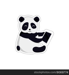  little cute panda that is sitting sideways and chatting in a smartphone. Sticker or icon with panda.