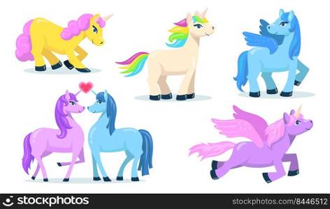 Little cute Pegasus and unicorn flat set for web design. Cartoon magic ponies for princess isolated vector illustration collection. Fantasy for child and animals concept