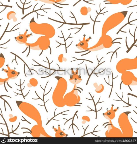 Little cute squirrels in the fall forest. Seamless autumn pattern for gift wrapping, wallpaper, childrens room or clothing. Vector illustration
