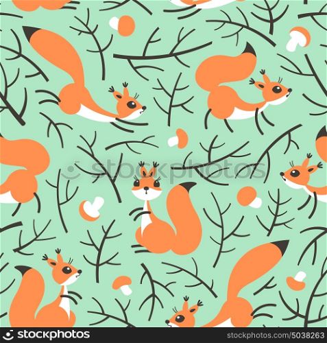 Little cute squirrels in the fall forest. Seamless autumn pattern for gift wrapping, wallpaper, childrens room or clothing.. Little cute squirrels in the fall forest. Seamless autumn pattern for gift wrapping, wallpaper, childrens room or clothing. Vector illustration