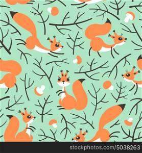 Little cute squirrels in the fall forest. Seamless autumn pattern for gift wrapping, wallpaper, childrens room or clothing.. Little cute squirrels in the fall forest. Seamless autumn pattern for gift wrapping, wallpaper, childrens room or clothing. Vector illustration