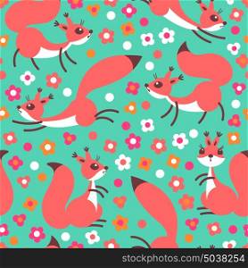 Little cute squirrels on flowers meadow. Seamless spring or summer pattern for gift wrapping, wallpaper, childrens room, clothing.. Little cute squirrels on flowers meadow. Seamless spring or summer pattern for gift wrapping, wallpaper, childrens room, clothing. Vector illustration