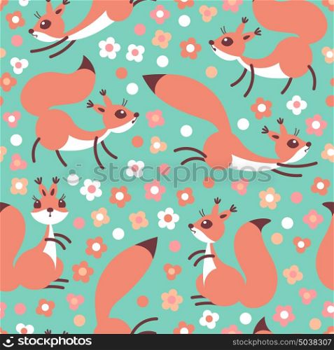 Little cute squirrels on flowers meadow. Seamless spring or summer pattern for gift wrapping, wallpaper, childrens room, clothing.. Little cute squirrels on flowers meadow. Seamless spring or summer pattern for gift wrapping, wallpaper, childrens room, clothing. Vector illustration