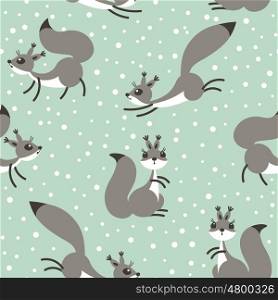 Little cute squirrels under snowfall. Seamless winter pattern for gift wrapping, wallpaper, childrens room or clothing. Vector illustration