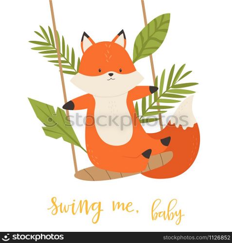 Little cute swinging fox. Vector illustration. Animal character design. Baby print isolated on white background. A Little cute swinging fox. Vector illustration.