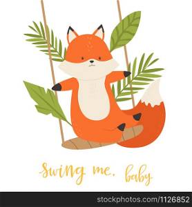 Little cute swinging fox. Vector illustration. Animal character design. Baby print isolated on white background. A Little cute swinging fox. Vector illustration.
