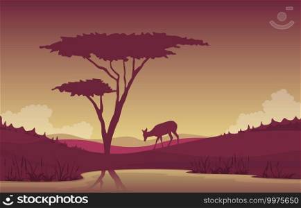 Little Deer Oasis Animal Savanna Landscape Africa Wildlife Illustration