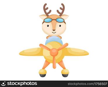 Little deer wearing aviator goggles flying an airplane. Funny baby character flying on plane for greeting card, baby shower, birthday invitation, house interior. Isolated cartoon vector illustration