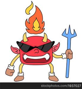 little devil with fire on his head carrying a spear wants to do evil