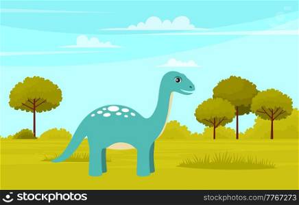Little Dragon blue cute monster cartoon character. Funny ancient animal in green meadow flat vector icon. Small spotted dinosaur stands on grass near trees on horizon and blue clear sky. Baby reptile. Little Dragon yellow cute cartoon character. Funny ancient animal in green meadow flat vector icon