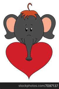 Little elephant holding a heart, illustration, vector on white background.