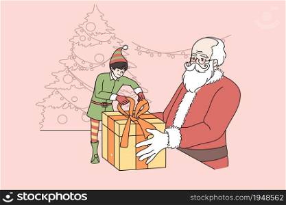 Little elf help smiling Santa Claus pack New Year presents for children. Small happy helper and father Christmas prepare gifts surprises for kids on winter holiday vacation. Vector illustration.. Small elf help Santa Claus packing Christmas presents