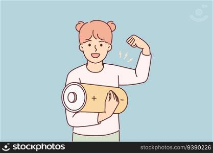 Little energetic teenage girl with giant battery symbolizing fast recharge and restoration of strength in children. Energetic child showing off muscles offering to play game together. Little energetic teenage girl with giant battery symbolizing fast restoration strength in children