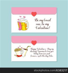 Little envelopes, postcards. Vector greeting cards about love. With Valentine&rsquo;s day. Cute cartoon concept about love. Sausage with mustard and a mug of beer, Cola and popcorn.